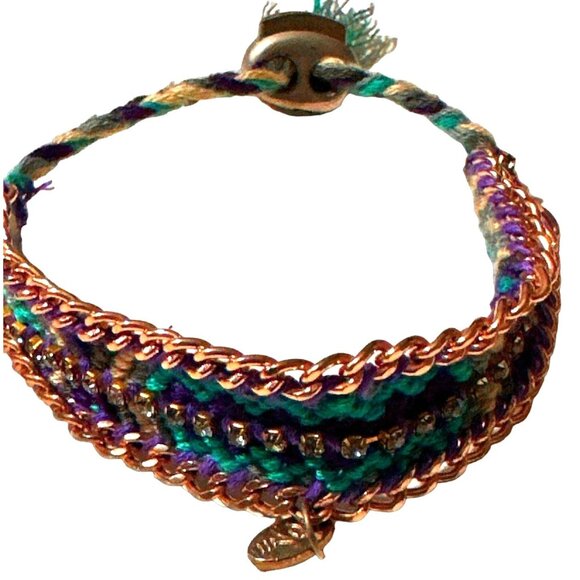 Western Boho Chic Woven Rhinestones Bracelet Blue Reversible Adjustable - Picture 1 of 11